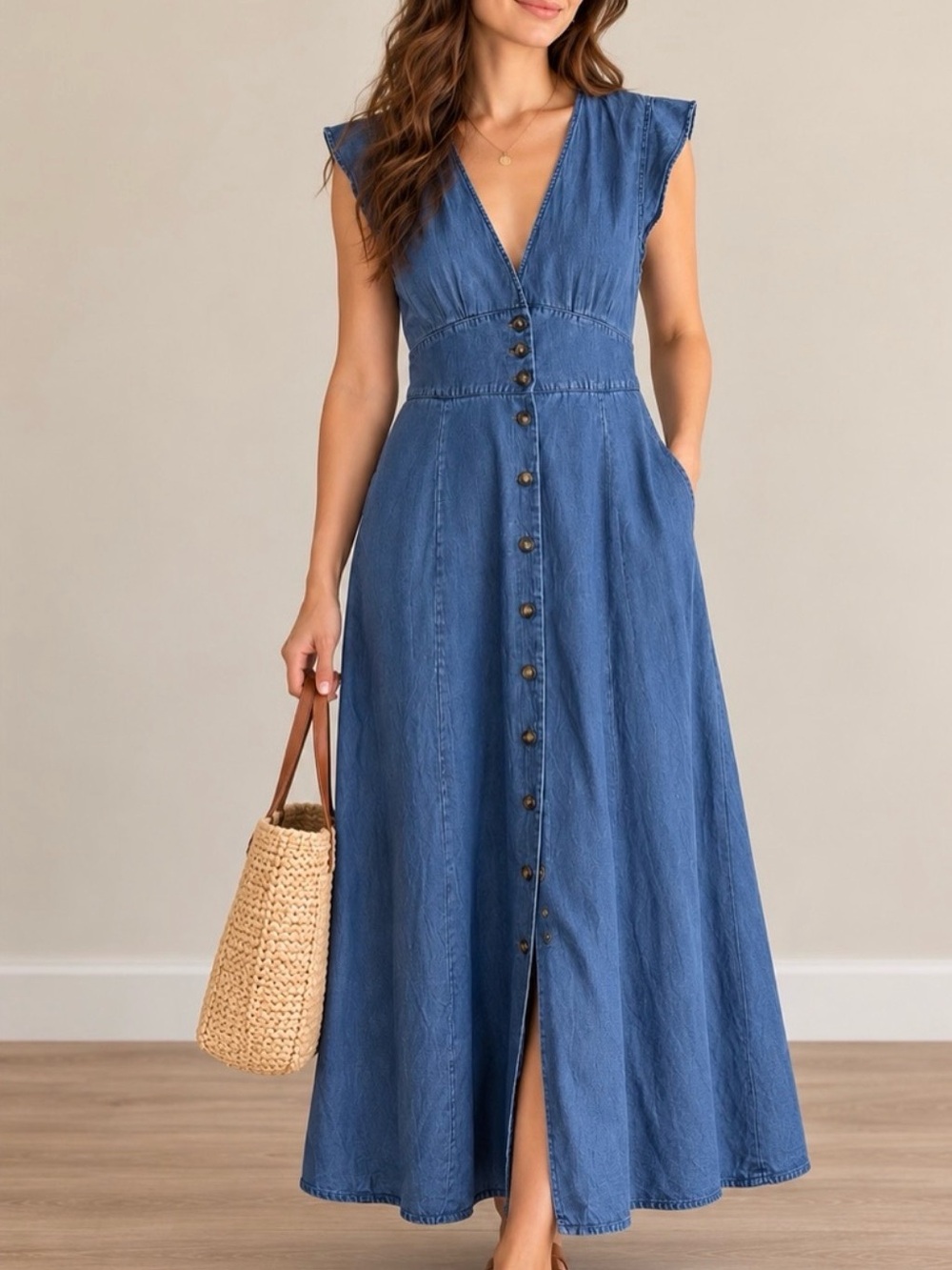 Marine Layer Camila Midi Dress S Indigo Chambray Button Front NWT $148